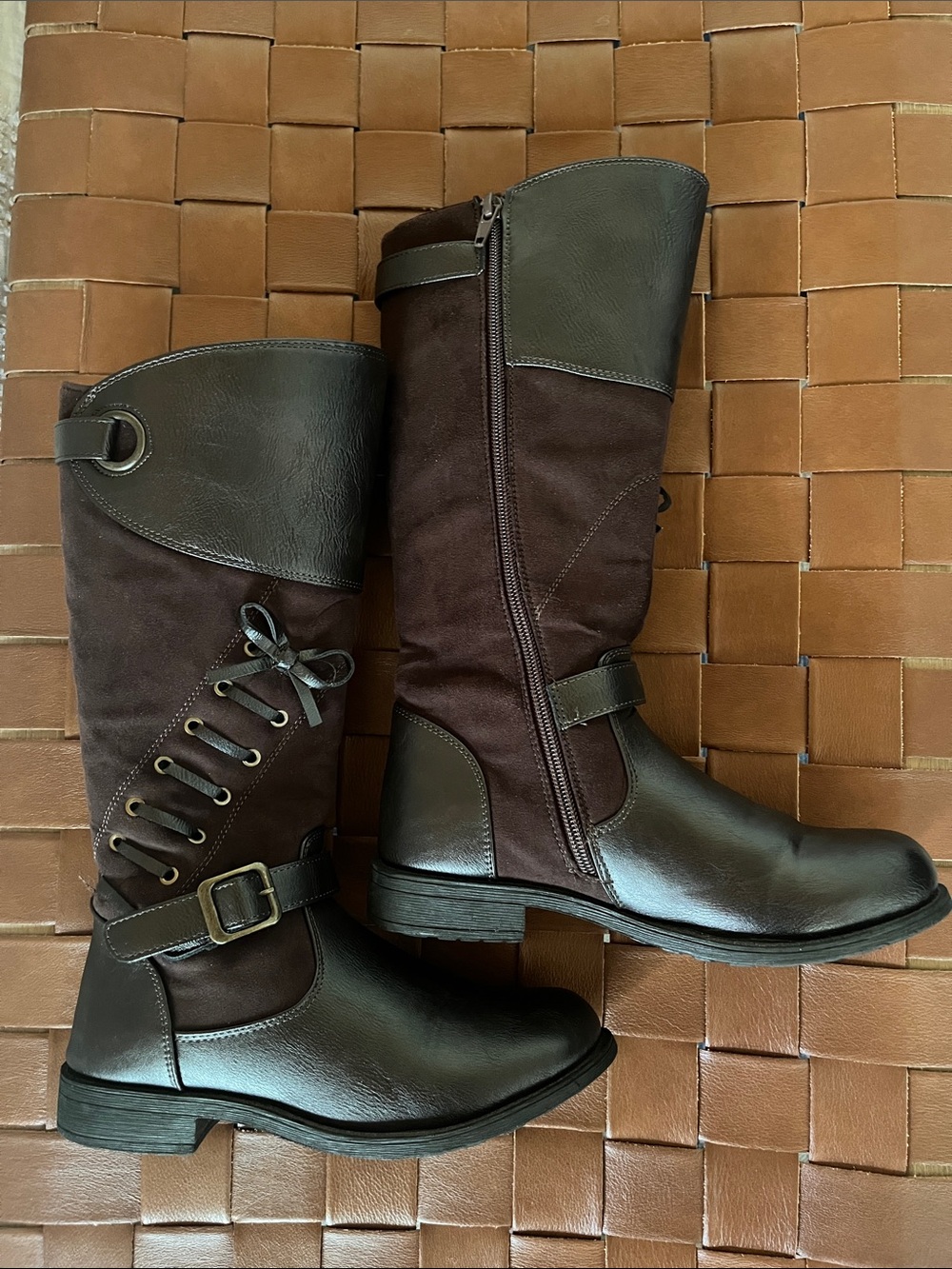 Women's Brown Tall Riding Boots with Buckle & Lace Detail